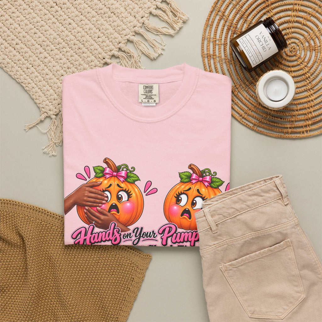 Breast Cancer Awareness Shirt, Hands on Your Pumpkins Tee, Breast Check Reminder, Pink Ribbon Halloween Shirt, Cancer Support Gift