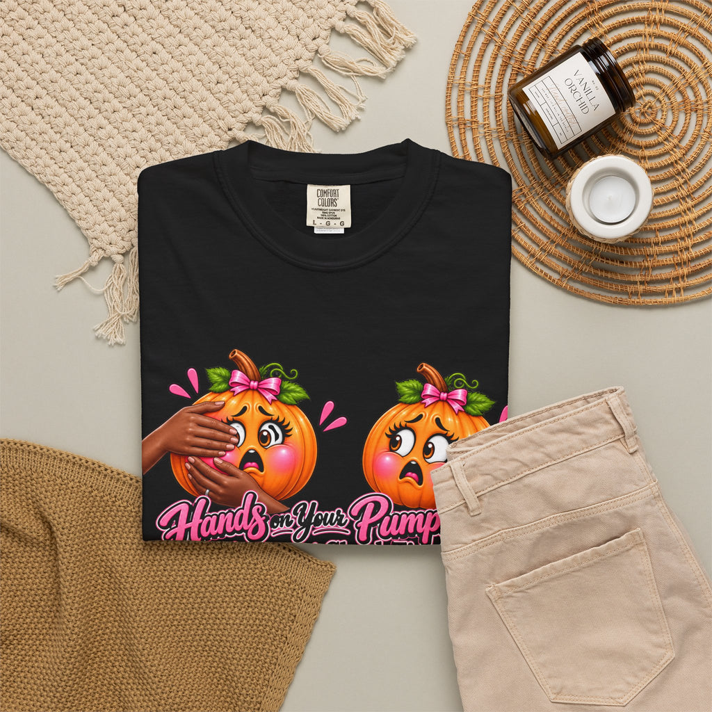 Breast Cancer Awareness Shirt, Hands on Your Pumpkins Tee, Breast Check Reminder, Pink Ribbon Halloween Shirt, Cancer Support Gift