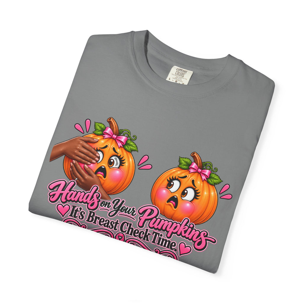 Breast Cancer Awareness Shirt, Hands on Your Pumpkins Tee, Breast Check Reminder, Pink Ribbon Halloween Shirt, Cancer Support Gift