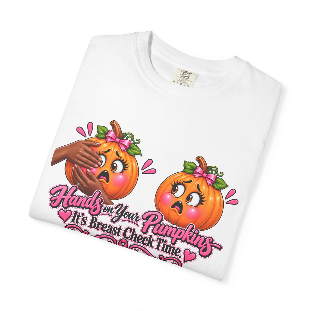 Breast Cancer Awareness Shirt, Hands on Your Pumpkins Tee, Breast Check Reminder, Pink Ribbon Halloween Shirt, Cancer Support Gift