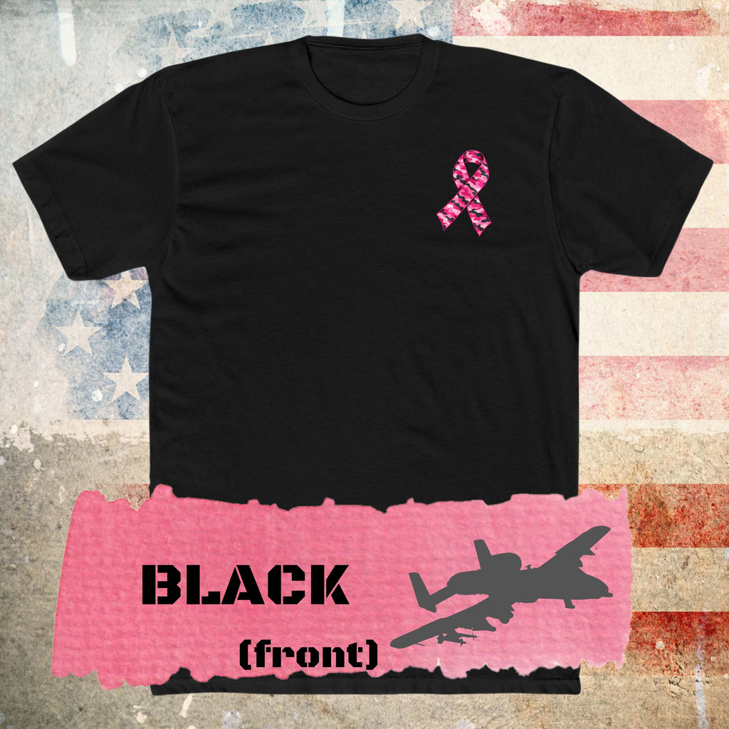 A black short-sleeve t-shirt with a pink camouflage-patterned ribbon, in the left chest front of shirt.    