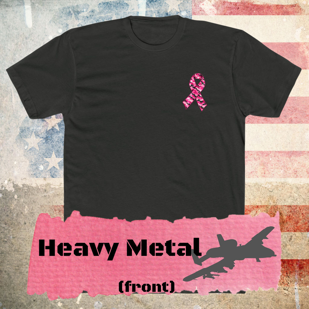 A dark grey short-sleeve t-shirt with a pink camouflage-patterned ribbon, in the left chest front of shirt.    