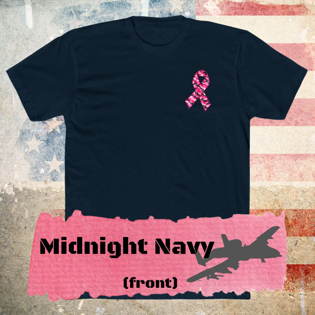 A navy short-sleeve t-shirt with a pink camouflage-patterned ribbon, in the left chest front of shirt.    