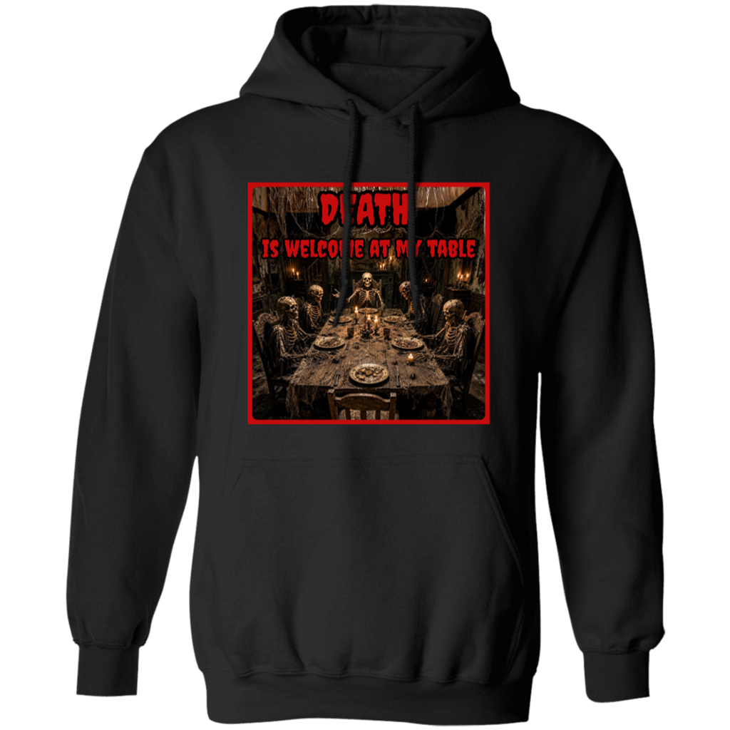 A person wearing a black hoodie with a graphic print on the chest. The print features a dark, gothic scene of skeletons gathered around a table, framed by a red border with the text 'DEATH IS WELCOME AT MY TABLE' in red and black.