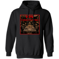 A person wearing a black hoodie with a graphic print on the chest. The print features a dark, gothic scene of skeletons gathered around a table, framed by a red border with the text 'DEATH IS WELCOME AT MY TABLE' in red and black.