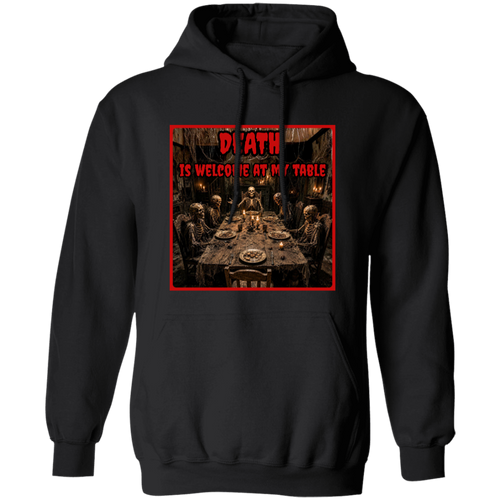 A person wearing a black hoodie with a graphic print on the chest. The print features a dark, gothic scene of skeletons gathered around a table, framed by a red border with the text 'DEATH IS WELCOME AT MY TABLE' in red and black.