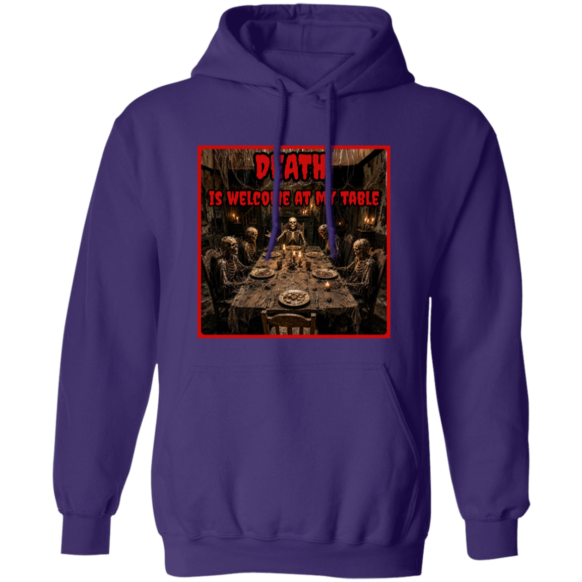 A purple pullover hoodie featuring a square graphic print on the chest with a dark, gothic illustration of a dinner table scene and the text 'DEATH IS WELCOME AT MY TABLE' in red.