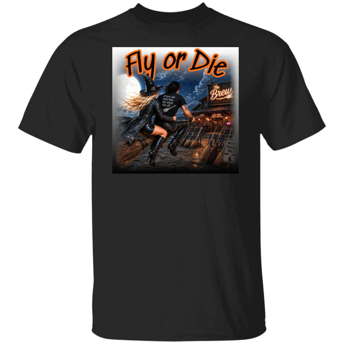 A black short-sleeve crewneck t-shirt featuring a large graphic print on the front. Made for witches with a wild side, this bold Halloween design features a witchy couple tearing through the moonlit night on their broom, headed straight for The Brew—where the beer is cold, the spells are good, and broom parking is always available. With her hair and leather coat flying in the wind and his shirt delivering the warning, “If you can read this, the witch fell off.", this graphic brings the Halloween.