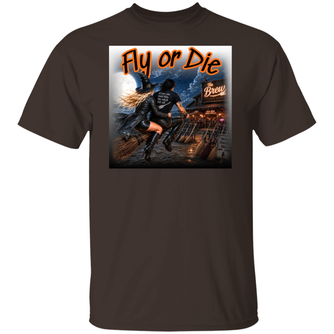 A dark brown short-sleeve crewneck t-shirt featuring a large graphic print on the front. Made for witches with a wild side, this bold Halloween design features a witchy couple tearing through the moonlit night on their broom, headed straight for The Brew—where the beer is cold, the spells are good, and broom parking is always available. With her hair and leather coat flying in the wind and his shirt delivering the warning, “If you can read this, the witch fell off.", this graphic brings the Halloween.