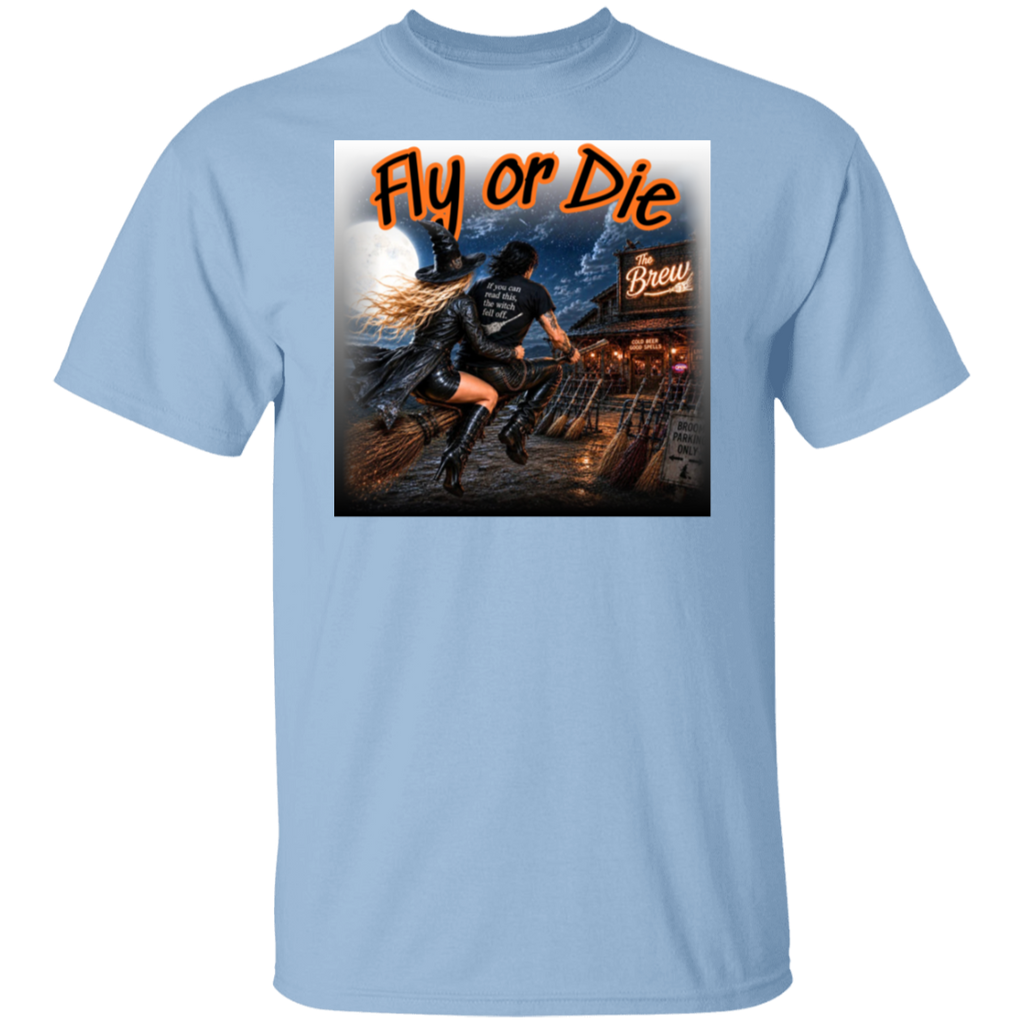 A light blue short-sleeve crewneck t-shirt featuring a large graphic print on the front. Made for witches with a wild side, this bold Halloween design features a witchy couple tearing through the moonlit night on their broom, headed straight for The Brew—where the beer is cold, the spells are good, and broom parking is always available. With her hair and leather coat flying in the wind and his shirt delivering the warning, “If you can read this, the witch fell off.", this graphic brings the Halloween.