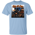 A light blue short-sleeve crewneck t-shirt featuring a large graphic print on the front. Made for witches with a wild side, this bold Halloween design features a witchy couple tearing through the moonlit night on their broom, headed straight for The Brew—where the beer is cold, the spells are good, and broom parking is always available. With her hair and leather coat flying in the wind and his shirt delivering the warning, “If you can read this, the witch fell off.", this graphic brings the Halloween.
