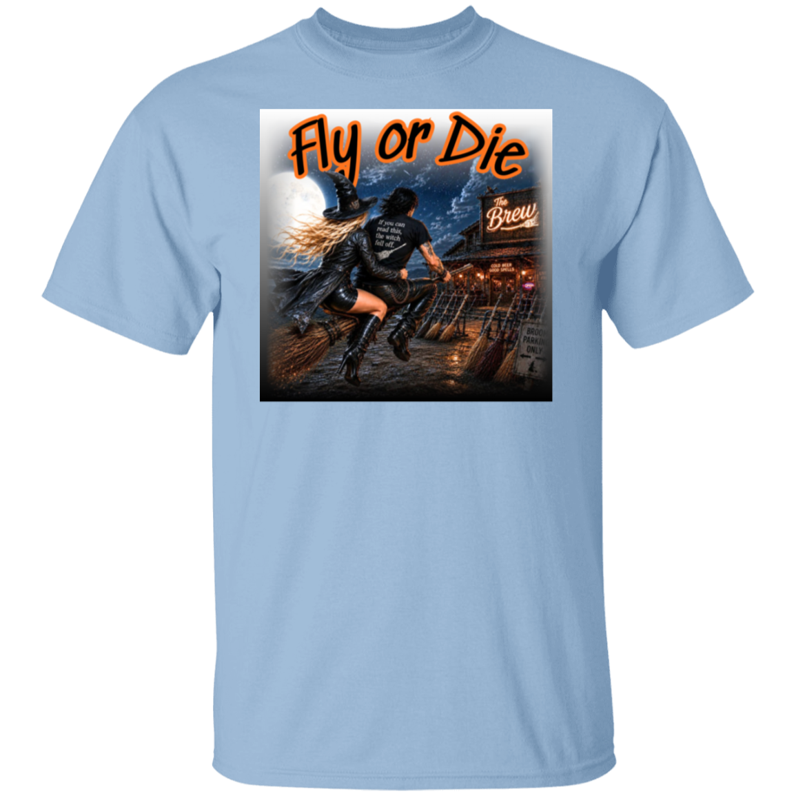 A light blue short-sleeve crewneck t-shirt featuring a large graphic print on the front. Made for witches with a wild side, this bold Halloween design features a witchy couple tearing through the moonlit night on their broom, headed straight for The Brew—where the beer is cold, the spells are good, and broom parking is always available. With her hair and leather coat flying in the wind and his shirt delivering the warning, “If you can read this, the witch fell off.", this graphic brings the Halloween.