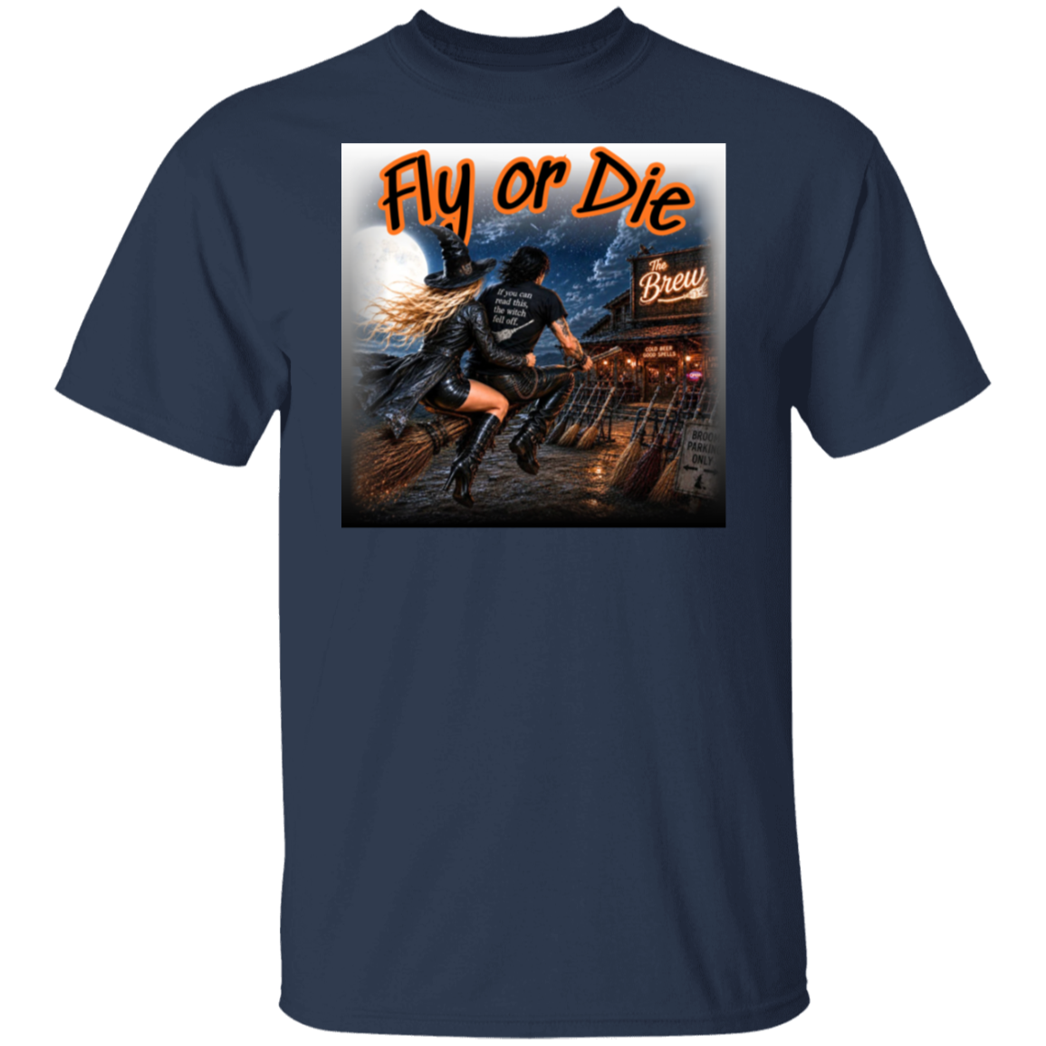 A navy blue short-sleeve crewneck t-shirt featuring a large graphic print on the front. Made for witches with a wild side, this bold Halloween design features a witchy couple tearing through the moonlit night on their broom, headed straight for The Brew—where the beer is cold, the spells are good, and broom parking is always available. With her hair and leather coat flying in the wind and his shirt delivering the warning, “If you can read this, the witch fell off.", this graphic brings the Halloween.