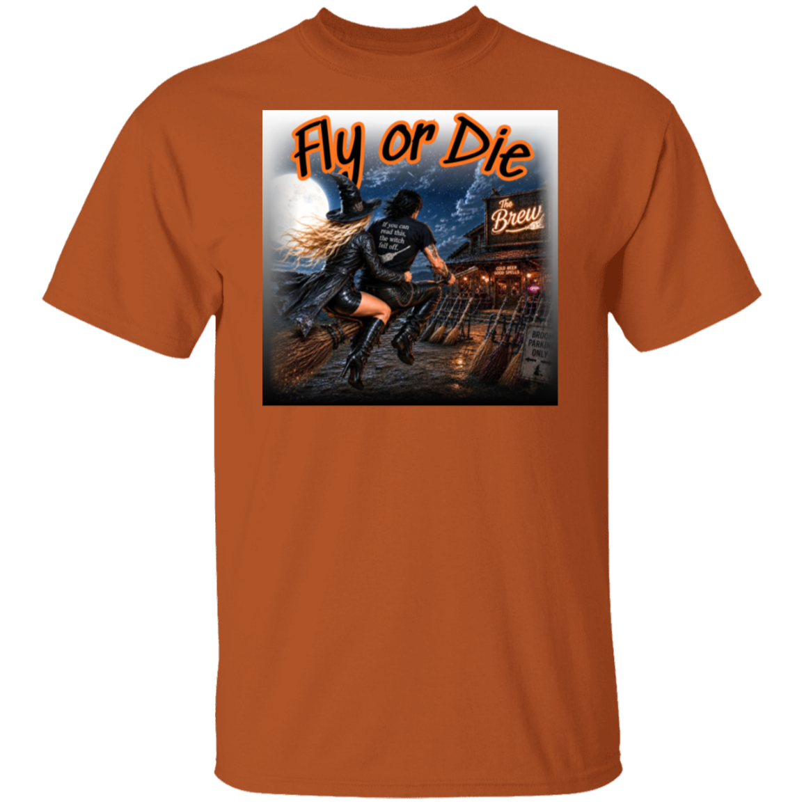 An orange short-sleeve crewneck t-shirt featuring a large graphic print on the front. Made for witches with a wild side, this bold Halloween design features a witchy couple tearing through the moonlit night on their broom, headed straight for The Brew—where the beer is cold, the spells are good, and broom parking is always available. With her hair and leather coat flying in the wind and his shirt delivering the warning, “If you can read this, the witch fell off.", this graphic brings the Halloween.