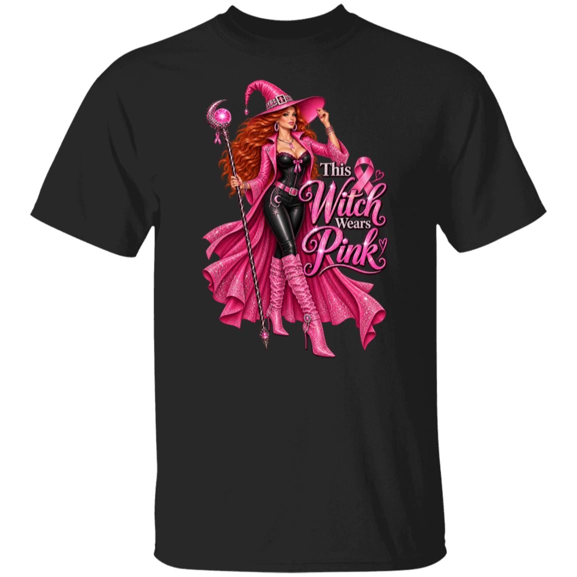 Make a bold statement for Breast Cancer Awareness Month with this glamorous pink witch Breast Cancer Awareness black shirt featuring a fierce redheaded witch dressed head-to-toe in sparkling pink and black, complete with a pink ribbon necklace, magical staff, rhinestone-covered witch hat and enough attitude to put a spell on cancer itself. The statement “This Witch Wears Pink” turns classic Halloween style into a fun, unapologetic show of support. 