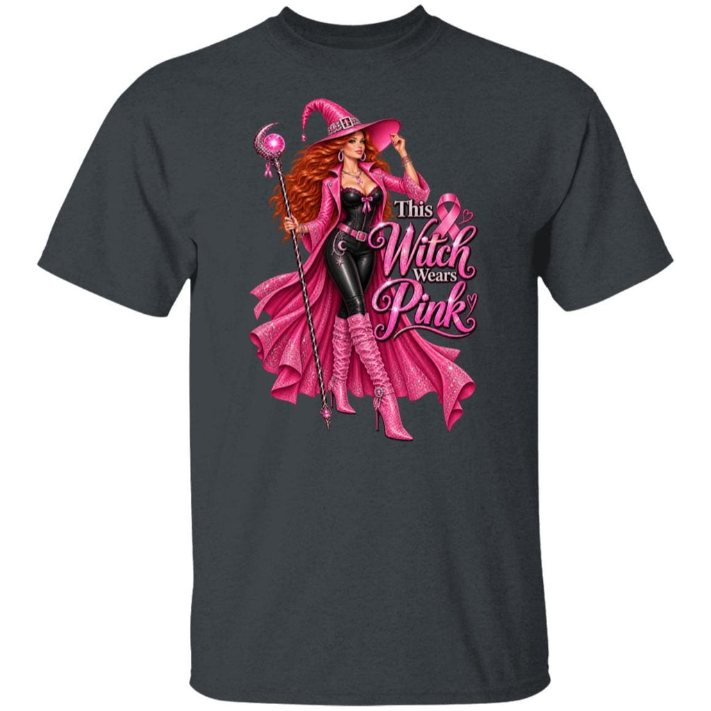 Make a bold statement for Breast Cancer Awareness Month with this glamorous pink witch Breast Cancer Awareness dark heather shirt featuring a fierce redheaded witch dressed head-to-toe in sparkling pink and black, complete with a pink ribbon necklace, magical staff, rhinestone-covered witch hat and enough attitude to put a spell on cancer itself. The statement “This Witch Wears Pink” turns classic Halloween style into a fun, unapologetic show of support. 