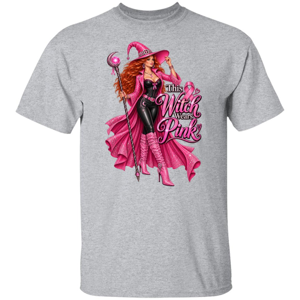 Make a bold statement for Breast Cancer Awareness Month with this glamorous pink witch Breast Cancer Awareness heather grey shirt featuring a fierce redheaded witch dressed head-to-toe in sparkling pink and black, complete with a pink ribbon necklace, magical staff, rhinestone-covered witch hat and enough attitude to put a spell on cancer itself. The statement “This Witch Wears Pink” turns classic Halloween style into a fun, unapologetic show of support. 