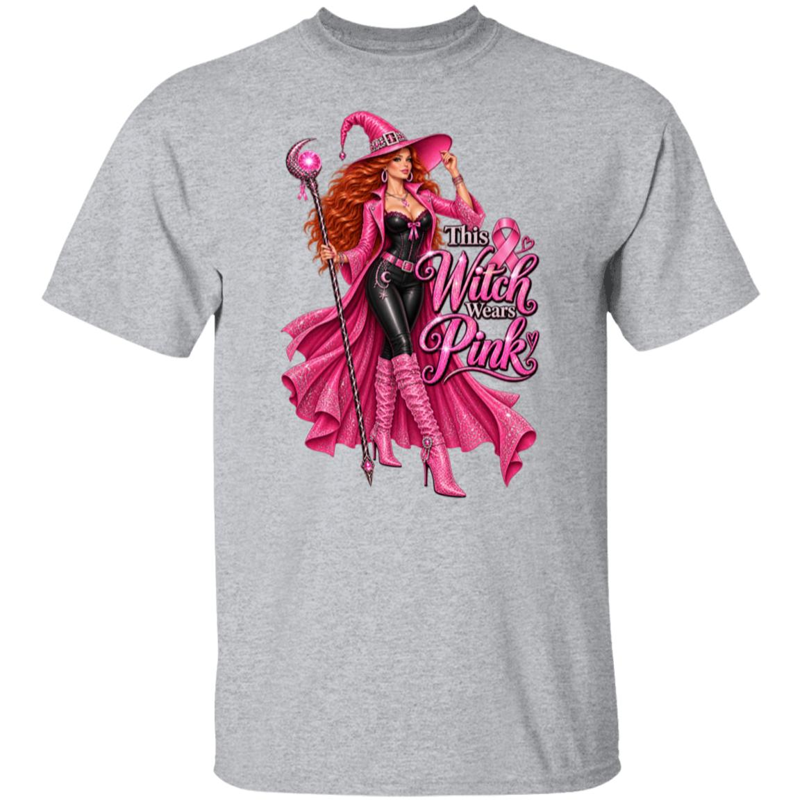 Make a bold statement for Breast Cancer Awareness Month with this glamorous pink witch Breast Cancer Awareness heather grey shirt featuring a fierce redheaded witch dressed head-to-toe in sparkling pink and black, complete with a pink ribbon necklace, magical staff, rhinestone-covered witch hat and enough attitude to put a spell on cancer itself. The statement “This Witch Wears Pink” turns classic Halloween style into a fun, unapologetic show of support. 