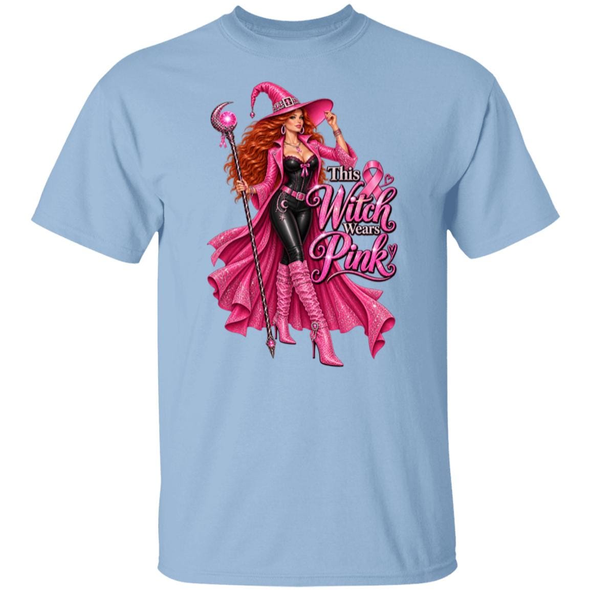 Make a bold statement for Breast Cancer Awareness Month with this glamorous pink witch Breast Cancer Awareness light blue shirt featuring a fierce redheaded witch dressed head-to-toe in sparkling pink and black, complete with a pink ribbon necklace, magical staff, rhinestone-covered witch hat and enough attitude to put a spell on cancer itself. The statement “This Witch Wears Pink” turns classic Halloween style into a fun, unapologetic show of support. 