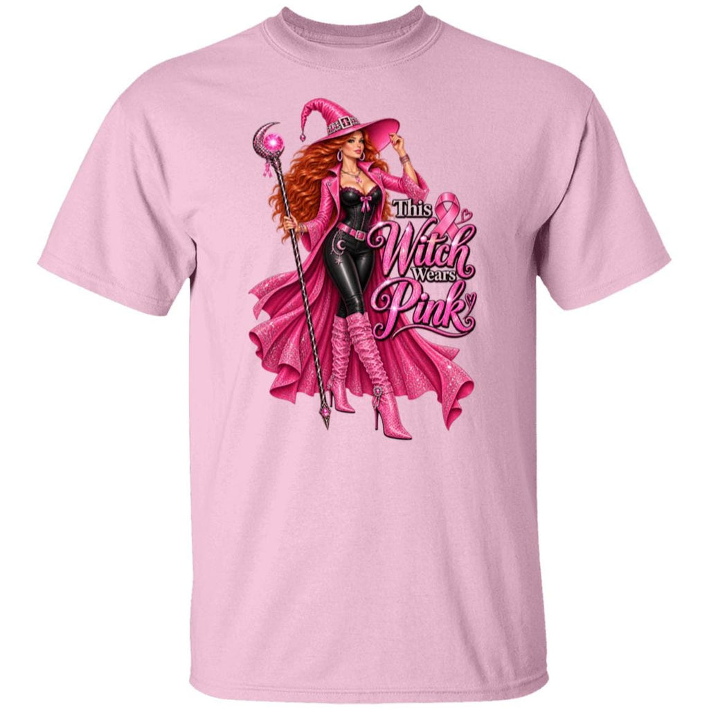 Make a bold statement for Breast Cancer Awareness Month with this glamorous pink witch Breast Cancer Awareness light pink shirt featuring a fierce redheaded witch dressed head-to-toe in sparkling pink and black, complete with a pink ribbon necklace, magical staff, rhinestone-covered witch hat and enough attitude to put a spell on cancer itself. The statement “This Witch Wears Pink” turns classic Halloween style into a fun, unapologetic show of support. 