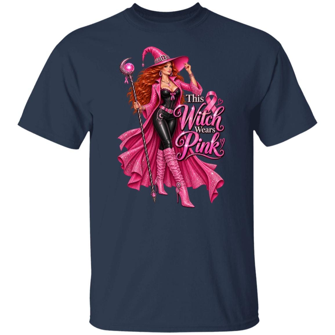 Make a bold statement for Breast Cancer Awareness Month with this glamorous pink witch Breast Cancer Awareness navy shirt featuring a fierce redheaded witch dressed head-to-toe in sparkling pink and black, complete with a pink ribbon necklace, magical staff, rhinestone-covered witch hat and enough attitude to put a spell on cancer itself. The statement “This Witch Wears Pink” turns classic Halloween style into a fun, unapologetic show of support. 