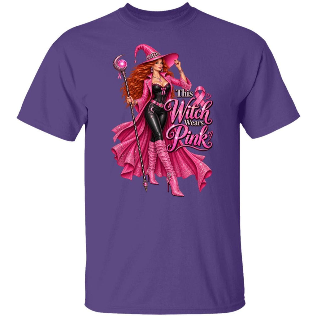 Make a bold statement for Breast Cancer Awareness Month with this glamorous pink witch Breast Cancer Awareness purple shirt featuring a fierce redheaded witch dressed head-to-toe in sparkling pink and black, complete with a pink ribbon necklace, magical staff, rhinestone-covered witch hat and enough attitude to put a spell on cancer itself. The statement “This Witch Wears Pink” turns classic Halloween style into a fun, unapologetic show of support. 