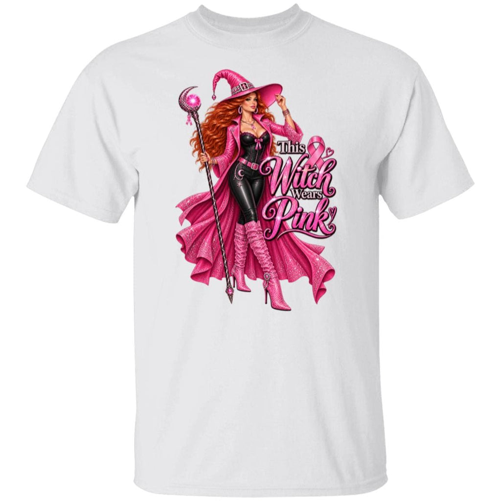 Make a bold statement for Breast Cancer Awareness Month with this glamorous pink witch Breast Cancer Awareness white shirt featuring a fierce redheaded witch dressed head-to-toe in sparkling pink and black, complete with a pink ribbon necklace, magical staff, rhinestone-covered witch hat and enough attitude to put a spell on cancer itself. The statement “This Witch Wears Pink” turns classic Halloween style into a fun, unapologetic show of support. 