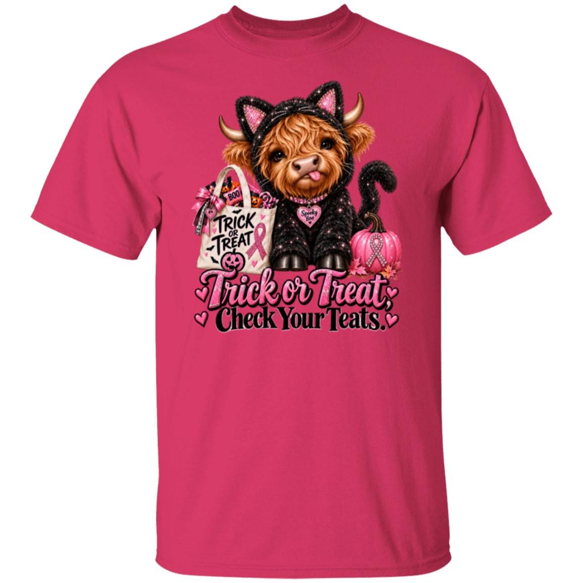 A bright pink t-shirt, this funny Breast Cancer Awareness Halloween shirt features an adorable Highland cow dressed in a glittering black cat costume, complete with kitty ears, tail, pink rhinestones and a “Spooky Boo” heart necklace. She's ready for trick-or-treating with her candy bag, pink ribbon pumpkin and the cheeky message: “Trick or Treat, Check Your Teats.”