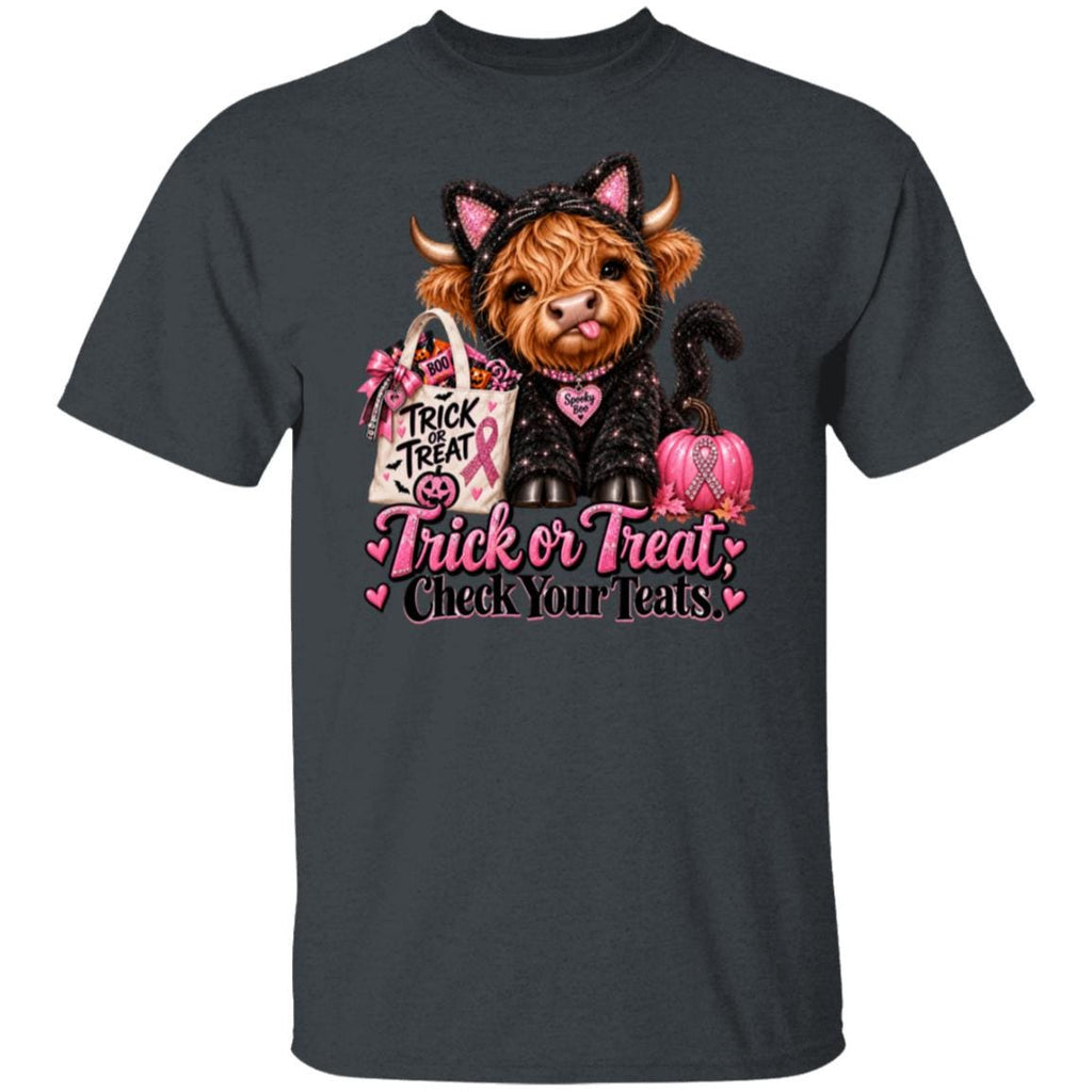 A dark charcoal gray short-sleeve t-shirt with a graphic of a cute highland cow dressed in a black cat costume holding a pink pumpkin and a 'Trick or Treat' bag, with the text 'Trick or Treat Check Your Teats' written below.