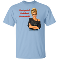 A light blue short-sleeve t-shirt with a graphic print on the front. The graphic features a retro-style illustration of a blonde woman in glasses wearing a black off-the-shoulder shirt with the text  'My niche, is none of your business.", along with "Uncategorized", "Unbothered", "Uncontainable" written in red letters.