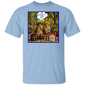 A light blue crewneck t-shirt featuring a colorful graphic print on the front. The print shows two fashionable squirrel besties are taking a well-deserved shopping break at Squirrel Park. One is clearly ready for spooky season in her cat costume, while the other has apparently skipped straight past fall and landed somewhere between Thanksgiving and Christmas—iced coffee in hand, naturally. Surrounded by shopping bags and seasonal chaos, one squirrel wonders "What Happened to Labor Day?"