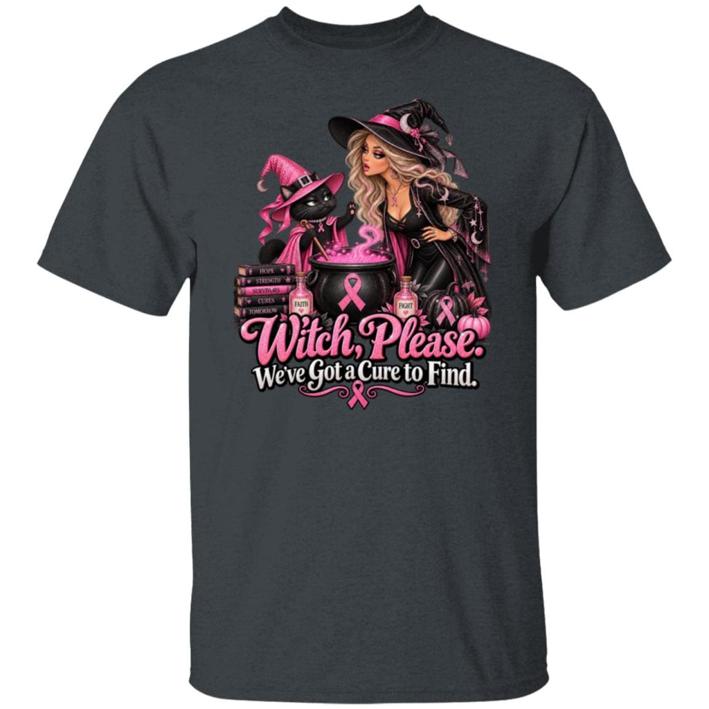 A dark heather grey short sleeved t-shirt with a design featuring a glamorous witch and her sassy black-cat sidekick brewing up something far more important than your average Halloween potion. Surrounded by sparkling pink breast cancer ribbons, pink pumpkins and bottles of Faith and Fight, their cauldron is bubbling with one mission: Finding a cure. The black cat is throwing up a hold it paw to the witch and the words say "Witch Please. We've got a cure to find."