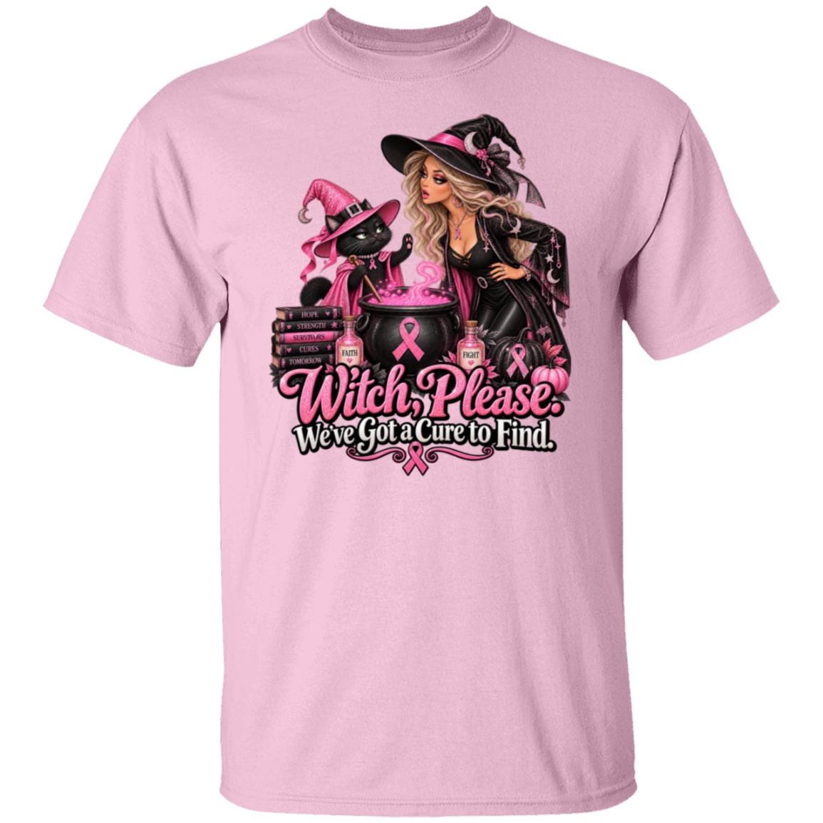 A light pink short sleeved t-shirt with a design featuring a glamorous witch and her sassy black-cat sidekick brewing up something far more important than your average Halloween potion. Surrounded by sparkling pink breast cancer ribbons, pink pumpkins and bottles of Faith and Fight, their cauldron is bubbling with one mission: Finding a cure. The black cat is throwing up a hold it paw to the witch and the words say "Witch Please. We've got a cure to find."