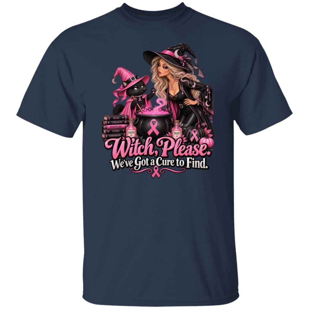 A navy short sleeved t-shirt with a design featuring a glamorous witch and her sassy black-cat sidekick brewing up something far more important than your average Halloween potion. Surrounded by sparkling pink breast cancer ribbons, pink pumpkins and bottles of Faith and Fight, their cauldron is bubbling with one mission: Finding a cure. The black cat is throwing up a hold it paw to the witch and the words say "Witch Please. We've got a cure to find."