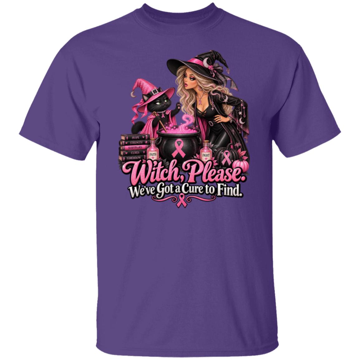 A purple short sleeved t-shirt with a design featuring a glamorous witch and her sassy black-cat sidekick brewing up something far more important than your average Halloween potion. Surrounded by sparkling pink breast cancer ribbons, pink pumpkins and bottles of Faith and Fight, their cauldron is bubbling with one mission: Finding a cure. The black cat is throwing up a hold it paw to the witch and the words say "Witch Please. We've got a cure to find."
