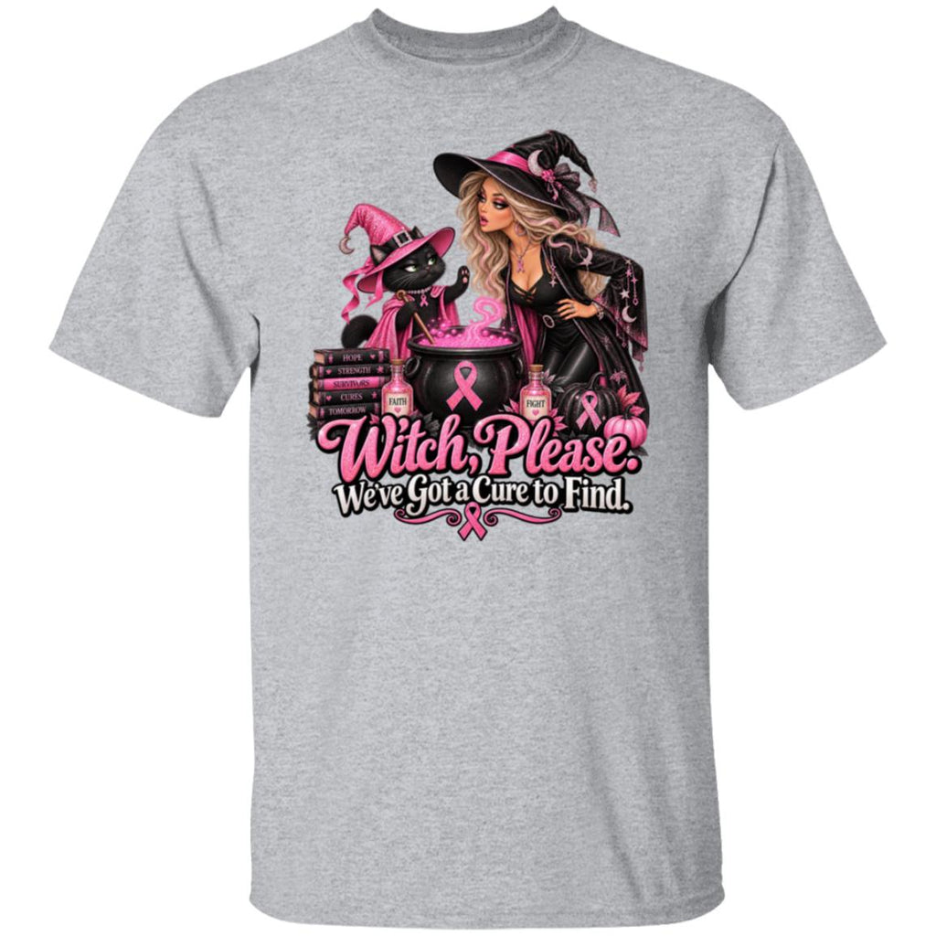A sport grey short sleeved t-shirt with a design featuring a glamorous witch and her sassy black-cat sidekick brewing up something far more important than your average Halloween potion. Surrounded by sparkling pink breast cancer ribbons, pink pumpkins and bottles of Faith and Fight, their cauldron is bubbling with one mission: Finding a cure. The black cat is throwing up a hold it paw to the witch and the words say "Witch Please. We've got a cure to find."