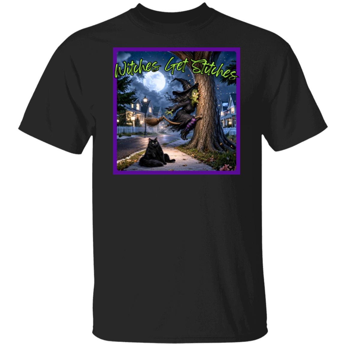 A black crewneck t-shirt featuring a square graphic print on the chest with a purple border.  This hilarious “Witches Get Stitches” written in lime green, design captures the unfortunate aftermath of one witch’s high-speed broom ride as she finds herself spectacularly wrapped around a tree. Under a glowing full moon, our frazzled witch looks completely shocked by her sudden stop—while her fluffy black cat sits nearby with the wonderfully unimpressed expression of someone who absolutely saw this coming.
