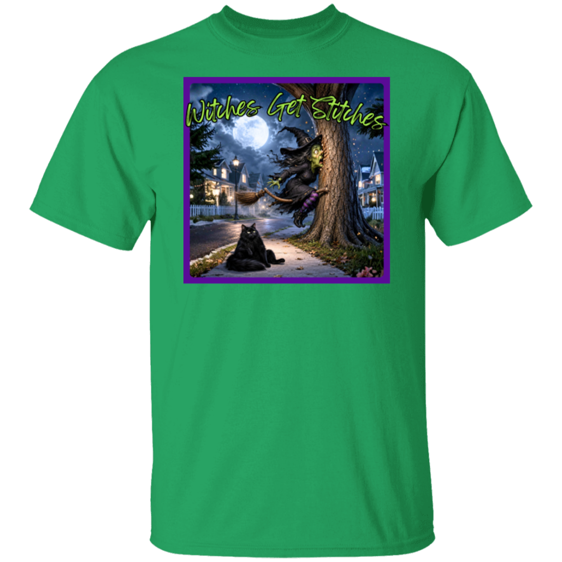 A green crewneck t-shirt featuring a square graphic print on the chest with a purple border.  This hilarious “Witches Get Stitches” written in lime green, design captures the unfortunate aftermath of one witch’s high-speed broom ride as she finds herself spectacularly wrapped around a tree. Under a glowing full moon, our frazzled witch looks completely shocked by her sudden stop—while her fluffy black cat sits nearby with the wonderfully unimpressed expression of someone who absolutely saw this coming.