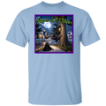 A light blue crewneck t-shirt featuring a square graphic print on the chest with a purple border.  This hilarious “Witches Get Stitches” written in lime green, design captures the unfortunate aftermath of one witch’s high-speed broom ride as she finds herself spectacularly wrapped around a tree. Under a glowing full moon, our frazzled witch looks completely shocked by her sudden stop—while her fluffy black cat sits nearby with the wonderfully unimpressed expression of someone who absolutely saw this coming.