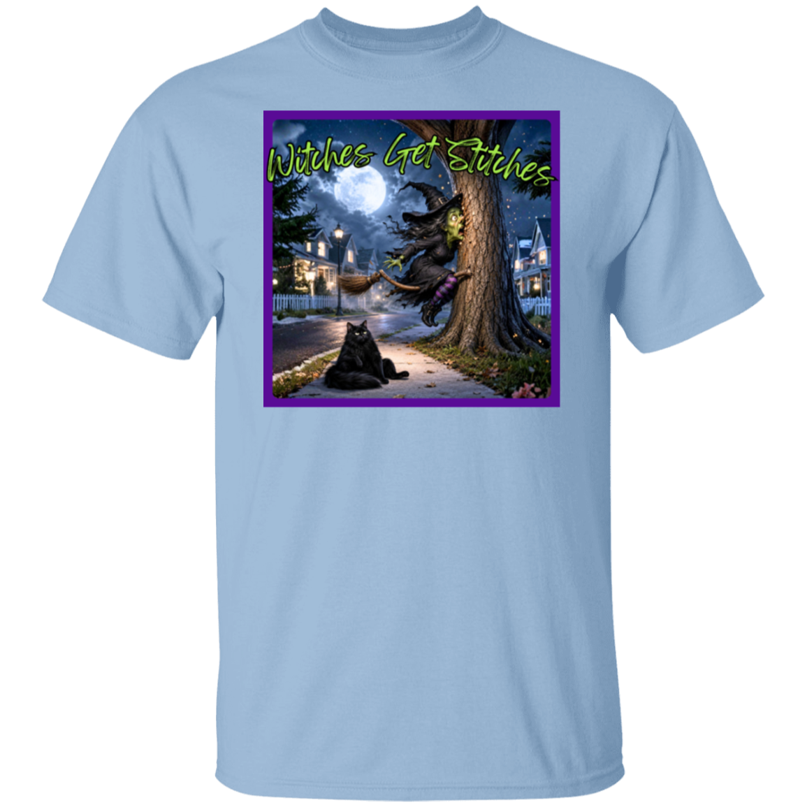 A light blue crewneck t-shirt featuring a square graphic print on the chest with a purple border.  This hilarious “Witches Get Stitches” written in lime green, design captures the unfortunate aftermath of one witch’s high-speed broom ride as she finds herself spectacularly wrapped around a tree. Under a glowing full moon, our frazzled witch looks completely shocked by her sudden stop—while her fluffy black cat sits nearby with the wonderfully unimpressed expression of someone who absolutely saw this coming.