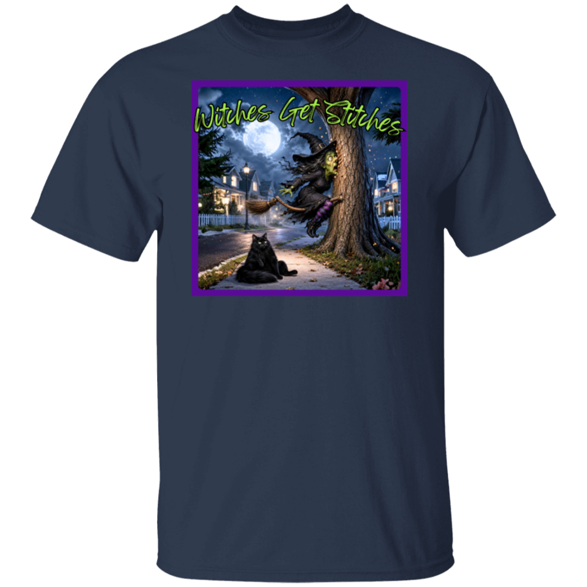 A navy blue crewneck t-shirt featuring a square graphic print on the chest with a purple border.  This hilarious “Witches Get Stitches” written in lime green, design captures the unfortunate aftermath of one witch’s high-speed broom ride as she finds herself spectacularly wrapped around a tree. Under a glowing full moon, our frazzled witch looks completely shocked by her sudden stop—while her fluffy black cat sits nearby with the wonderfully unimpressed expression of someone who absolutely saw this coming.