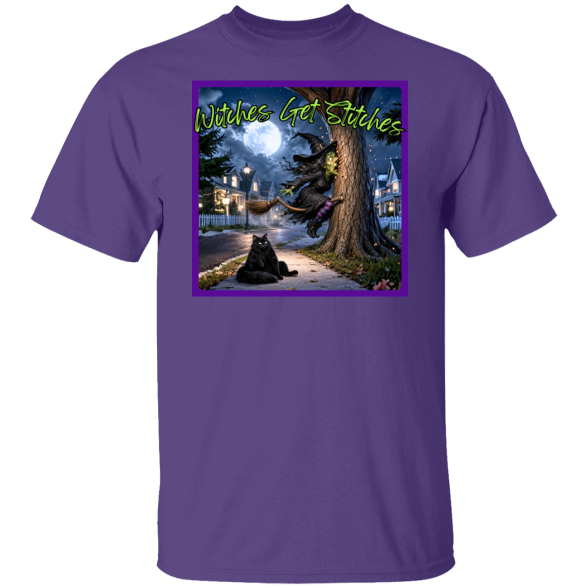 A purple crewneck t-shirt featuring a square graphic print on the chest with a purple border.  This hilarious “Witches Get Stitches” written in lime green, design captures the unfortunate aftermath of one witch’s high-speed broom ride as she finds herself spectacularly wrapped around a tree. Under a glowing full moon, our frazzled witch looks completely shocked by her sudden stop—while her fluffy black cat sits nearby with the wonderfully unimpressed expression of someone who absolutely saw this coming.