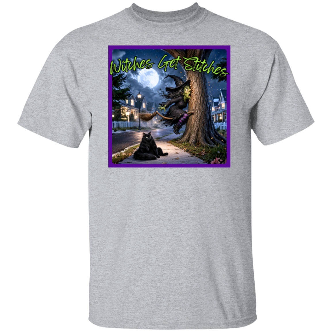 A sport gray crewneck t-shirt featuring a square graphic print on the chest with a purple border.  This hilarious “Witches Get Stitches” written in lime green, design captures the unfortunate aftermath of one witch’s high-speed broom ride as she finds herself spectacularly wrapped around a tree. Under a glowing full moon, our frazzled witch looks completely shocked by her sudden stop—while her fluffy black cat sits nearby with the wonderfully unimpressed expression of someone who absolutely saw this coming.