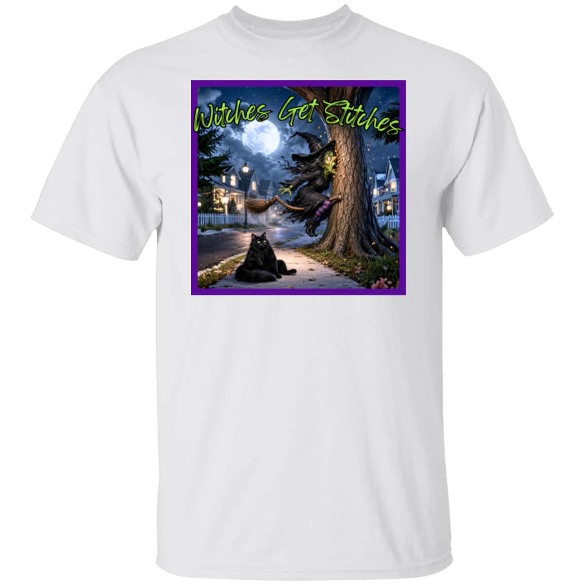 A white crewneck t-shirt featuring a square graphic print on the chest with a purple border.  This hilarious “Witches Get Stitches” written in lime green, design captures the unfortunate aftermath of one witch’s high-speed broom ride as she finds herself spectacularly wrapped around a tree. Under a glowing full moon, our frazzled witch looks completely shocked by her sudden stop—while her fluffy black cat sits nearby with the wonderfully unimpressed expression of someone who absolutely saw this coming.