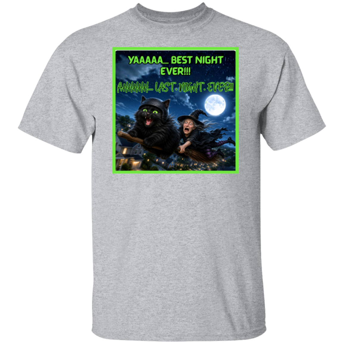 A heather gray short-sleeve t-shirt with a colorful graphic print on the front. This Halloween design features a wildly enthusiastic fluffy black cat—helmet on, green eyes glowing, and having the absolute time of his nine lives—as he rockets through the night sky on a witch’s broom. Hanging on behind him is one completely terrified witch who looks like she’d like to get off this ride immediately. The bold neon-green lettering has the cat screaming: “YAAAAA… BEST NIGHT EVER!!!”. 