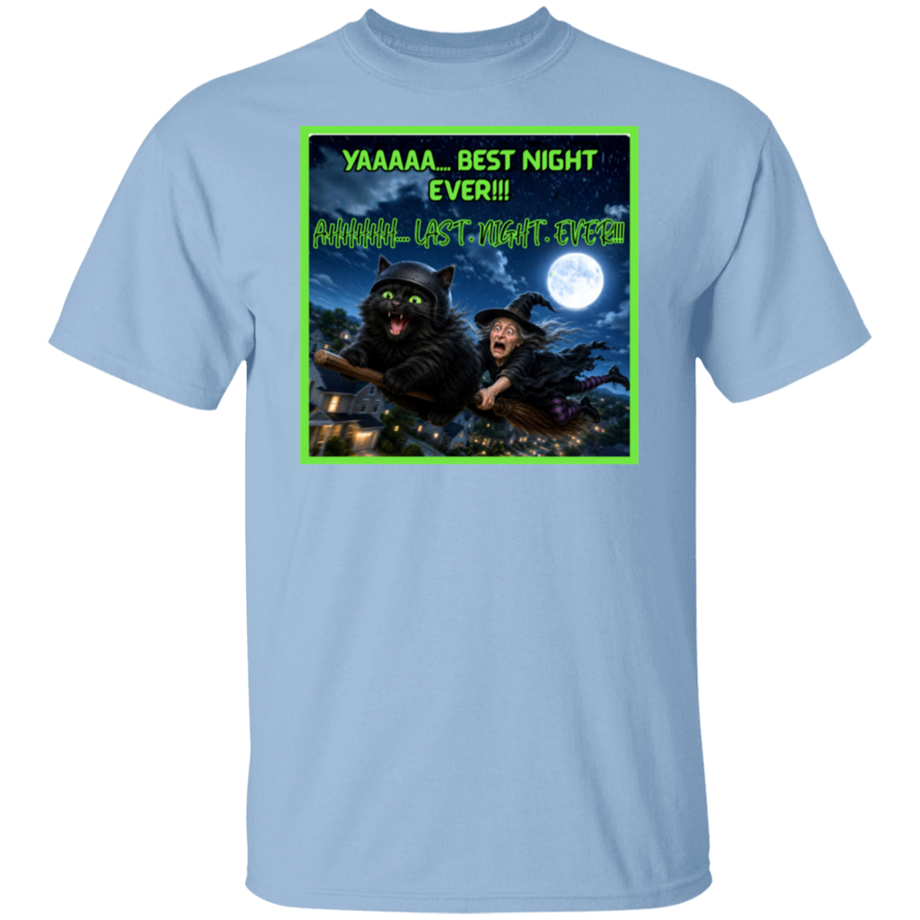 A light blue short-sleeve t-shirt with a colorful graphic print on the front. This Halloween design features a wildly enthusiastic fluffy black cat—helmet on, green eyes glowing, and having the absolute time of his nine lives—as he rockets through the night sky on a witch’s broom. Hanging on behind him is one completely terrified witch who looks like she’d like to get off this ride immediately. The bold neon-green lettering has the cat screaming: “YAAAAA… BEST NIGHT EVER!!!”. The witch is screaming "AHHHHH"