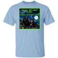 A light blue short-sleeve t-shirt with a colorful graphic print on the front. This Halloween design features a wildly enthusiastic fluffy black cat—helmet on, green eyes glowing, and having the absolute time of his nine lives—as he rockets through the night sky on a witch’s broom. Hanging on behind him is one completely terrified witch who looks like she’d like to get off this ride immediately. The bold neon-green lettering has the cat screaming: “YAAAAA… BEST NIGHT EVER!!!”. The witch is screaming "AHHHHH"