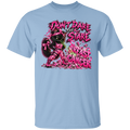 A light blue graphic short sleeved t-shirt featuring a seriously fierce black cat dressed for battle in sparkling pink camo, bright pink combat boots and breast cancer ribbons. She's standing with her paws on her hips, giving breast cancer THE STARE—and apparently that stare is powerful enough to blast BREAST CANCER into a pile of rubble. Featuring the fun phrase: “DON'T DARE THE STARE".