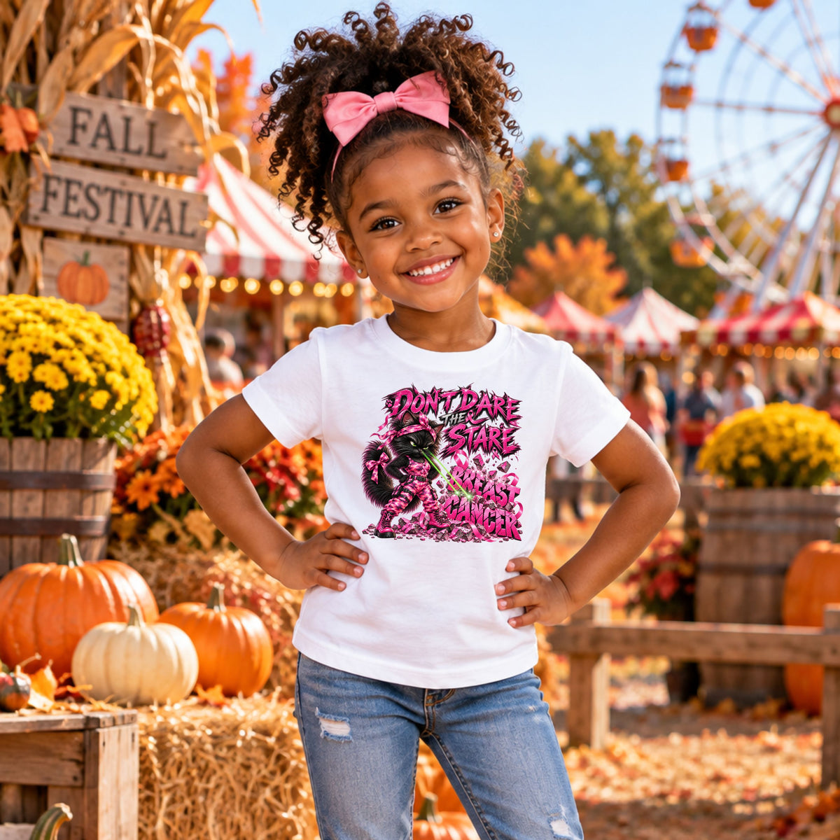 A smiling young girl wearing a white graphic t-shirt featuring a graphic with one seriously fierce black cat dressed for battle in sparkling pink camo, bright pink combat boots and breast cancer ribbons. She's standing with her paws on her hips, giving breast cancer THE STARE—and apparently that stare is powerful enough to blast BREAST CANCER into a pile of rubble. Featuring the fun phrase: “DON'T DARE THE STARE". There's a fall festival in the background.
