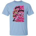 A light blue short-sleeve crewneck t-shirt featuring a large graphic print on the front. The graphic shows a cartoon donkey wearing pink camouflage clothing and boots, surrounded by pink ribbon graphics and the text 'GIVING BC A WHOOPING' in pink and black, white it's kicking block lettering BREAST CANCER.